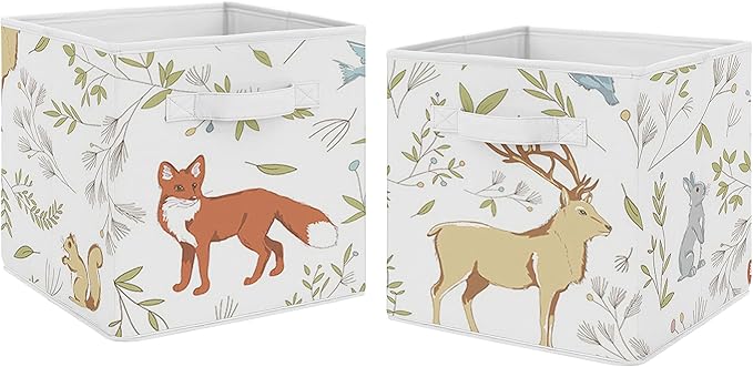 Sweet Jojo Designs Woodland Animal Toile Foldable Fabric Storage Cube Bins Boxes Organizer Toys Kids Baby Childrens for Collection Set of 2