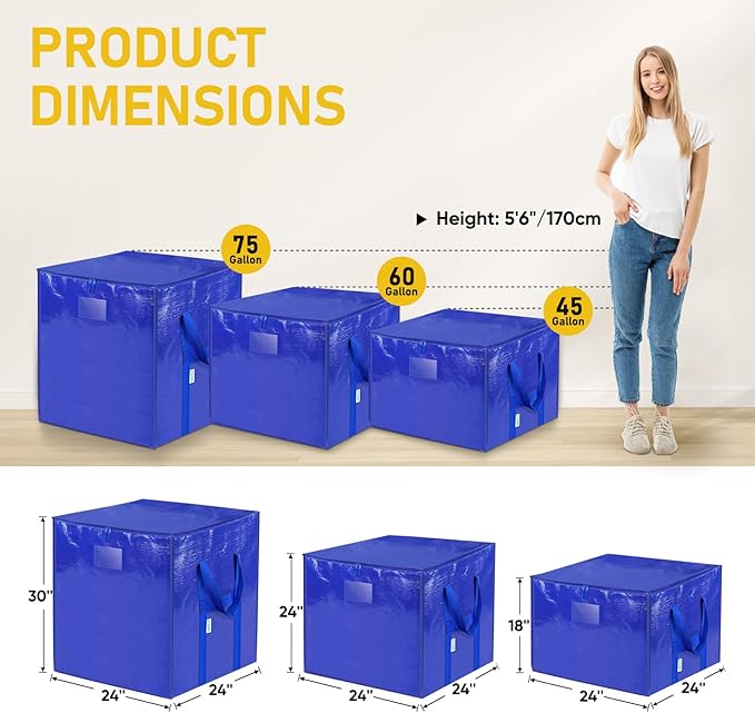TICONN 2 Pack Extra Large Moving Bags with Zippers & Carrying Handles, Heavy-Duty Storage Tote Moving Boxes for Space Saving (2 PK, 45 Gallon)