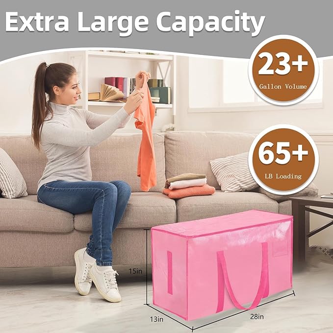 16 Pack-Extra Large Heavy Duty Moving Bags - Waterproof Storage Totes with Handles & Zippers, Foldable for College Dorm, Storage (Pink)