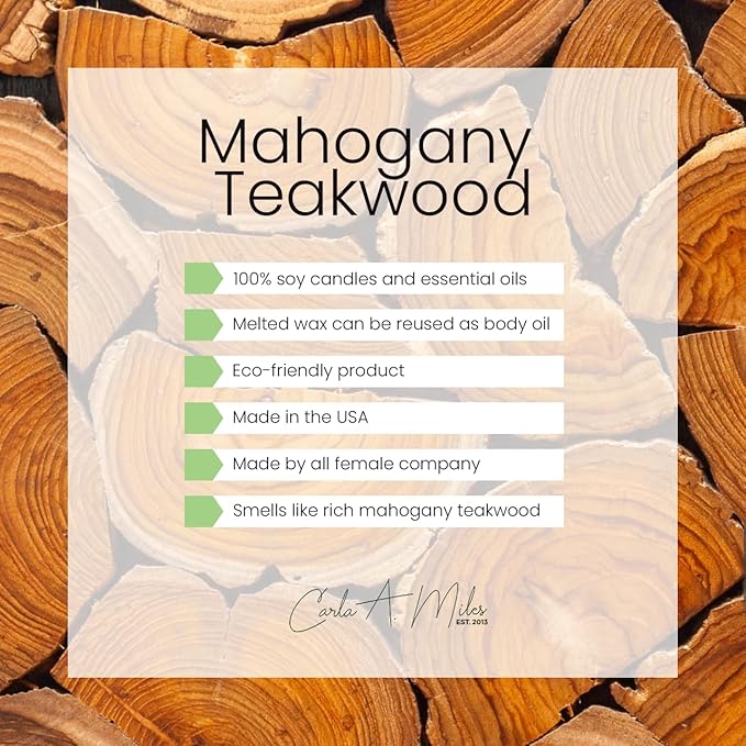Organic Soy Wax Mahogany Teakwood Scented Vegan Candle -100% Pure Soy Wax & Essential Oils - Woodsy and Earthy Aroma - Made in USA (8oz)