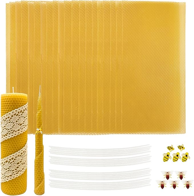 Lacaser Beeswax Sheets for Candle Making Kit, 20 Pcs 8"x16" Pure Bees Wax Made Sheets Equals to 40pcs 8"x8" Beeswax Sheets, Include Bee Ornaments,Cotton Candle Wicks for Bulk Candle Making