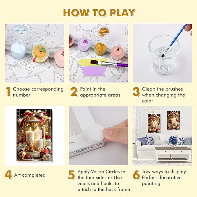 Bowetile Christmas Paint by Numbers for Adults Beginners Framed, Candles Adults' Paint-by-Number Kits, Adult Paint by Number Kits on Canvas, Acrylic Number Painting for Home Decor, 8x12in