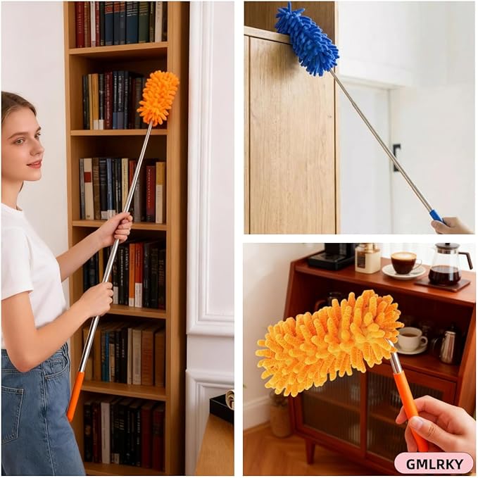 Microfiber Duster for Cleaning, GMLKRY Hand Washable Dusters with 3pcs Replaceable Microfiber Head, Extendable Pole, Detachable Cleaning Supplies for Office, Car, Window, Furniture (Orange)