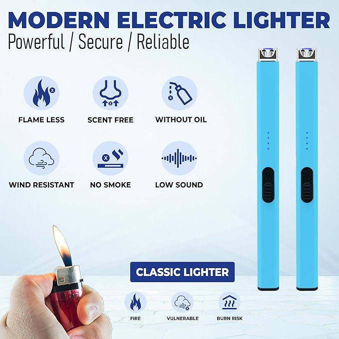 FIGHTSENSE USB Rechargeable Candle Lighter,Plasma Arc Windproof Flameless Long Electric Lighter with Safety Switch,LED Battery Display,Used for BBQ Fireplace,Camping,Stove Kitchen (Blue)