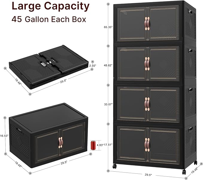 UAMFURI Stackable Storage Bins with Lids, 1440QT Lockable Storage Cabinet，Foldable Storage Box with Doors and Wheels, Plastic Drawers for Home, Garage, Office (8, Black, Extra Large)