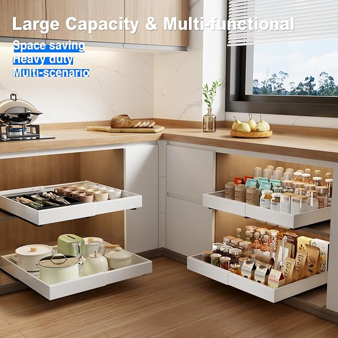 MUSTORN 2 Pack Pull Out Cabinet Organizer Expandable, 21"Deep Slide Out Drawer for Cabinets Adhesive Pull Out Drawers Heavy Duty Pull Out Shelves for Kitchen, Cupboard, Pantry, Bathroom(White)