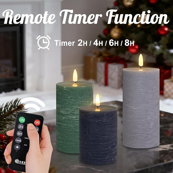 Rechargeable Flameless LED Pillar Candles–Luminous Real Wax Indoor Home Decor–Set of 3, Realistic Flickering LED Flame,Remote & Timer, USB-Rechargeable（Verdant & Ash Tones）