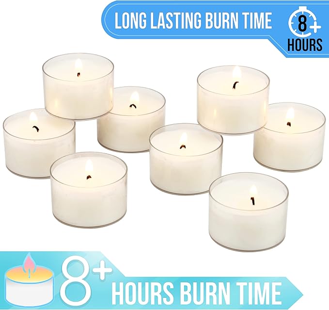 Stonebriar Bulk 24 Pack Unscented Smokeless Long Burning Clear Cup Tea Light Candles with 8 Hour Extended Burn Time
