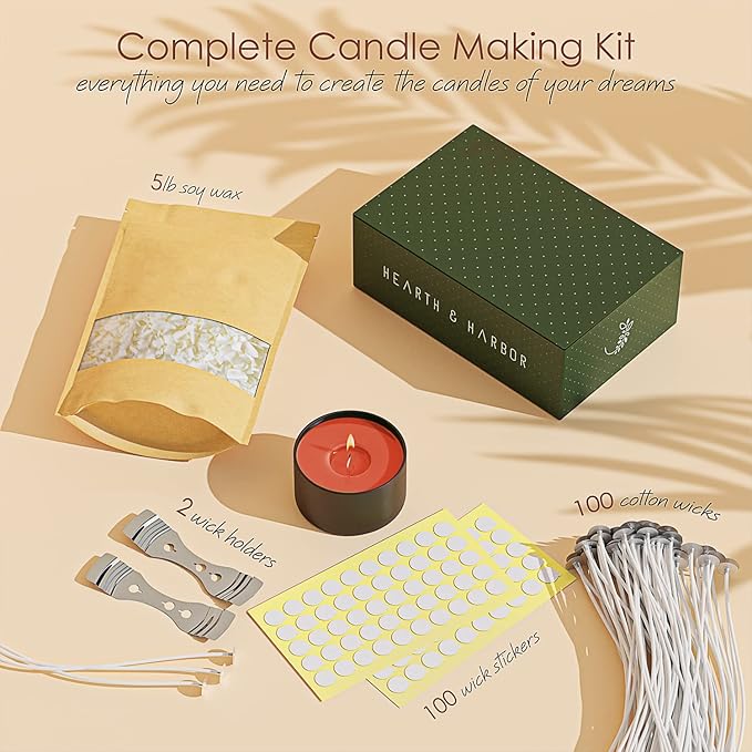 Hearth & Harbor Soy Candle Wax for Candle Making, Natural Soy Wax for Candle Making 5 lb Bag with Supplies, 100 Cotton Candle Wicks, 100 Wick Stickers, 2 Centering Devices - 5 Pounds Soy Wax Flakes