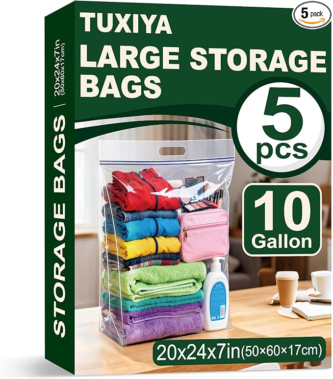 TUXIYA 5 PACK Extra Large Storage Bags, 10 Gallon 24"x20"x7", Resealable Clear Bags with Handle, XL Heavy Duty for Clothes Travel Moving, Double Zipper Seal, Expandable Bottom, Thick 8 Mils