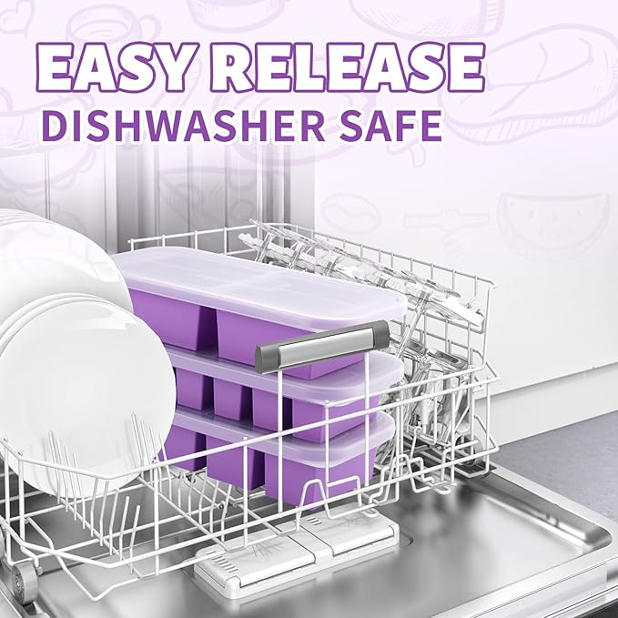 SHIKORI Silicone Freezer Tray With Lid, Silicone Freezer Food Molds, Large Ice Cube Tray, Silicone Freezer Container,Freeze & Store Soup, Sauce, Broth,Leftovers (Purple-2 Cups)