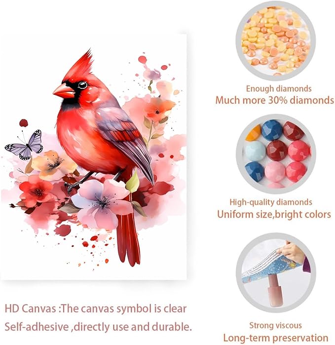 GUAIEUW Red Bird Tie-Dye Flower Diamond Painting Kit for Adults, Full Round Diamond Cardinal Bird 5D Diamond Painting DIY Art Crafts for Winter Home Wall Decor Holiday Gift 12x18 Inch