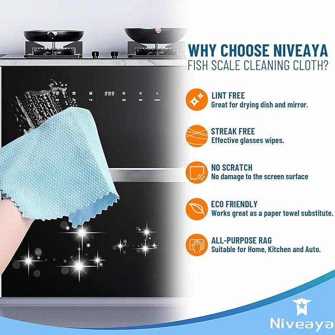 Niveaya 24 Pcs Fish Scale Streak Free Miracle Cleaning Cloth Easy Clean Nanoscale, Microfiber Window Mirror Glass Cleaning Cloth, Lint Free Cloth Wine Glass Polishing Towel, Reusable