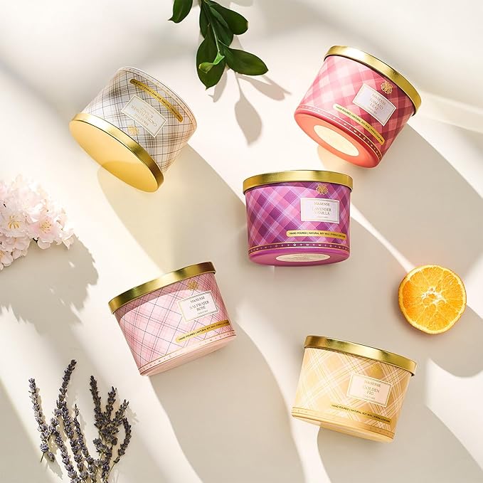 M&SENSE Plaid Pattern 3 Wick Soy Candles,11.64 oz Large Lavender Vanilla Scent Candle for Relaxation, Gifting, Home Décor | for Bedroom, Office, Party