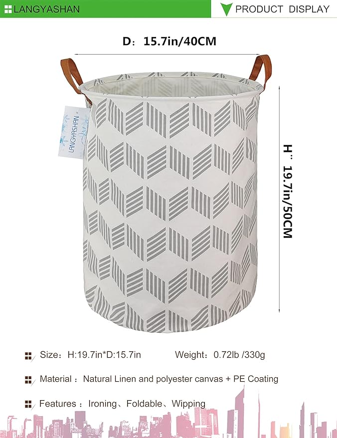 LANGYASHAN Laundry Basket Canvas Fabric Collapsible Organizer Basket for Storage Bin Toy Bins Gift Baskets Bedroom Clothes Children Nursery Hamper (Gery wave)