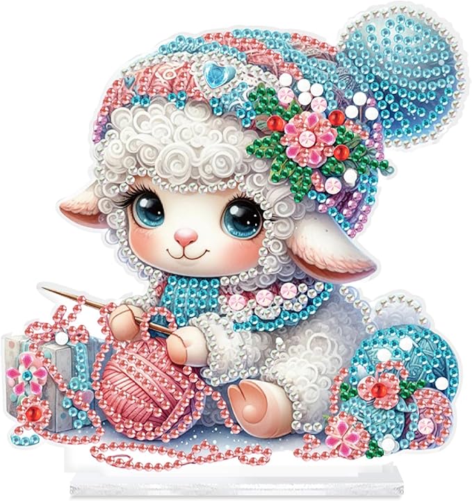 antor DIY Diamond Painting Desktop Ornament Kit, Special Shape Diamond Art Tabletop Decoration, Acrylic Diamond Painting Desk Figurine Decor Crafts Gift, Cute Sheep Knitting