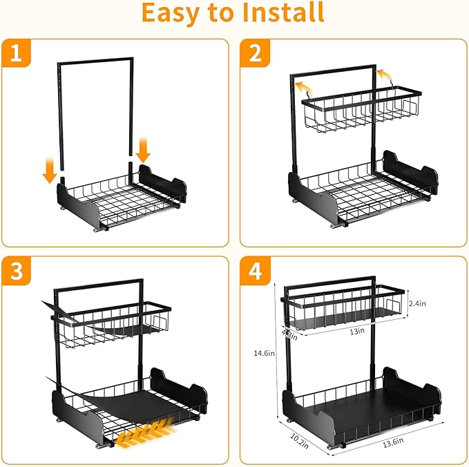 PureBox Under Sink Organizer, 2-Tier L-Shaped Pull Out Cabinet Shelf with 2 Installation Methods, Adjustable Sliding Storage Drawer for Kitchen, Bathroom, Laundry, Metal, Black