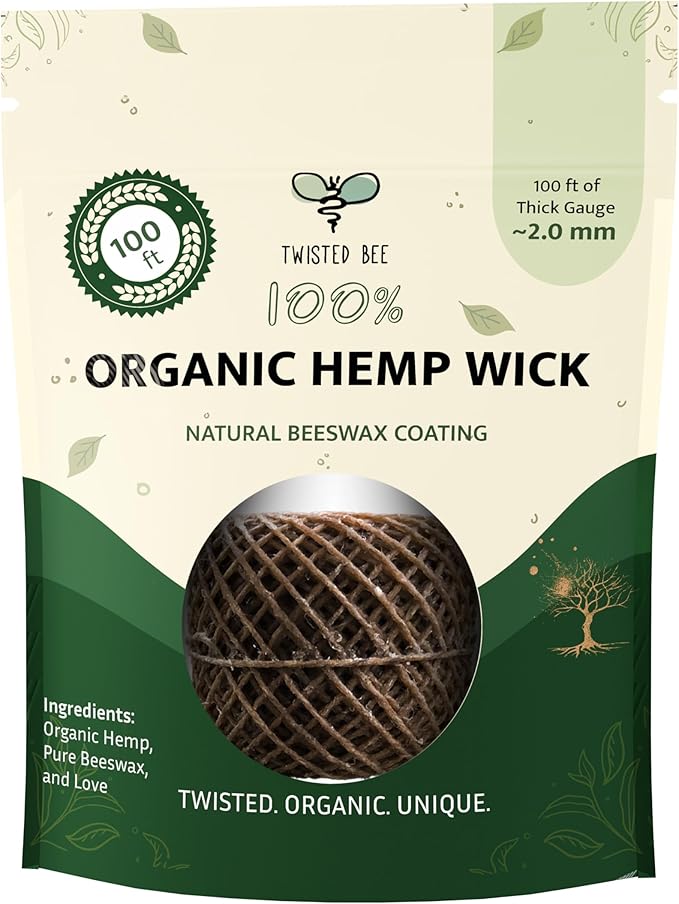 100% Organic Hemp Wick with Natural Beeswax Coating, Twisted Bee (100ft x Thick (~2 mm))