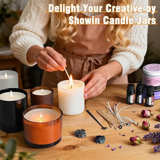 SHOWIN Thick Candle Jars for Making Candles 16 Pcs, 4 OZ Empty Jars with Wood Lids for Candle Making, Sample Container - Dishwasher Safe,Matte Black