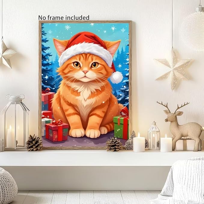 QZOTRXI Christmas Cat Diamond Painting Kits, Cat Winter Diamond Art Kits for Adults, Animal 5D Diamond Art Painting, DIY Round Diamond Dot for Home Wall Decor Gifts 20x24 Inch