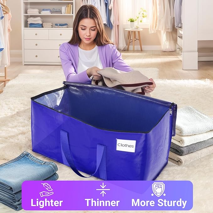 FabSpace 10Pack Moving Storage Bags, Moving Supplies Packing Boxes for Moving, Camping, College Dorm Room Essentials for Girls, Blue Tote Bags, 125L Heavy-Duty Storage Bins With Lids And Zippers