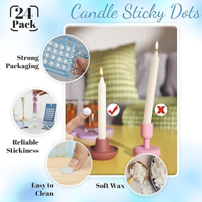 White Wax Candle Adhesive Dots - Unscented Sticky Dots for Taper Candles,Secure & Traceless Hold, Easy Clean DIY Candle Holders,Wedding & Home Decor 24/Pack