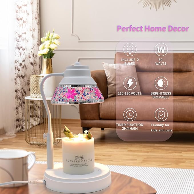 Electric Candle Warmer Lamp with Colorful Diamond Lampshade, Metal Wax Melting Lattern with Timer and Dimmer, Adjustable Height Candle Melting Lamp Home Decor (White Purple)