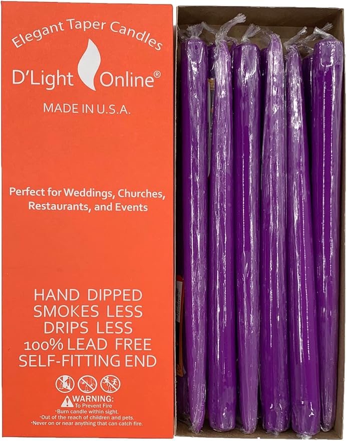 D'light Online Elegant 12" Unscented Lavender Taper Candles, Premium Quality Hand-Dipped Tapered Candles, Dripless and Smokeless - Set of 12 Individually Wrapped (12 Inch, Lavender)