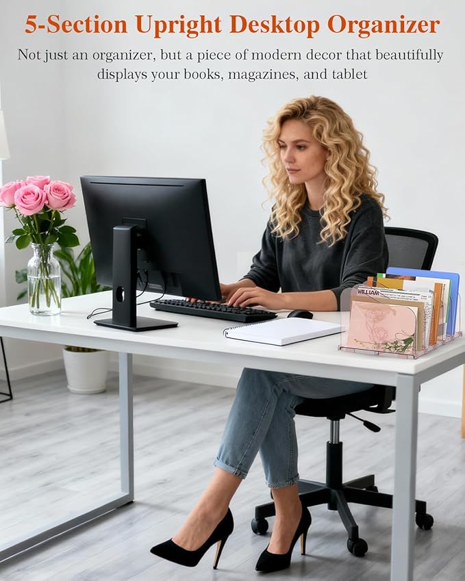 Adjustable Rose File Organizer for Desk, Vertical File Folder Holders for Magazines, Upright Desktop Binder Organizer, Clear Paper Bookshelf Divider File Sorter for School Office Supplies