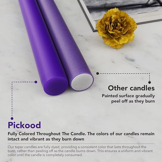 12-Inch Tall Dripless Taper Candles Set of 4 - Purple Tapered Candles, Perfect for Halloween - Smokeless, Unscented, Long Burning - Hand Poured, Colored Tall Candlesticks - Light Purple