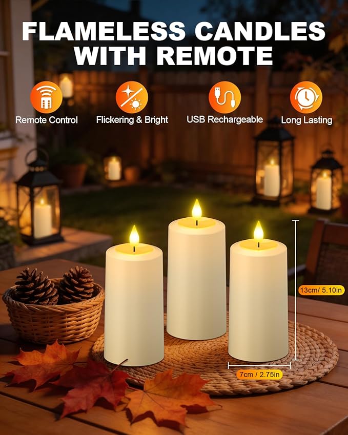 SoulBay Flameless LED Candles, 4-Pack USB Rechargeable, Flickering Waterproof White Pillar Candles with Remote Control Timer for Outdoor Lantern Patio Yard Indoor Holiday Decor, 2.75 x 5.1 Inches