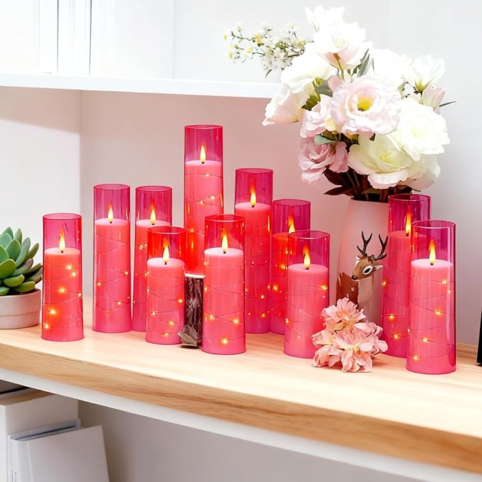 Flameless Candles,with Embedded Star String, Battery Operated Candles Flickering LED Pillar Candles with Remote Control and Timer, Home Decoration Add a Warm and Romantic Atmosphere，Set of 7 (Pink)