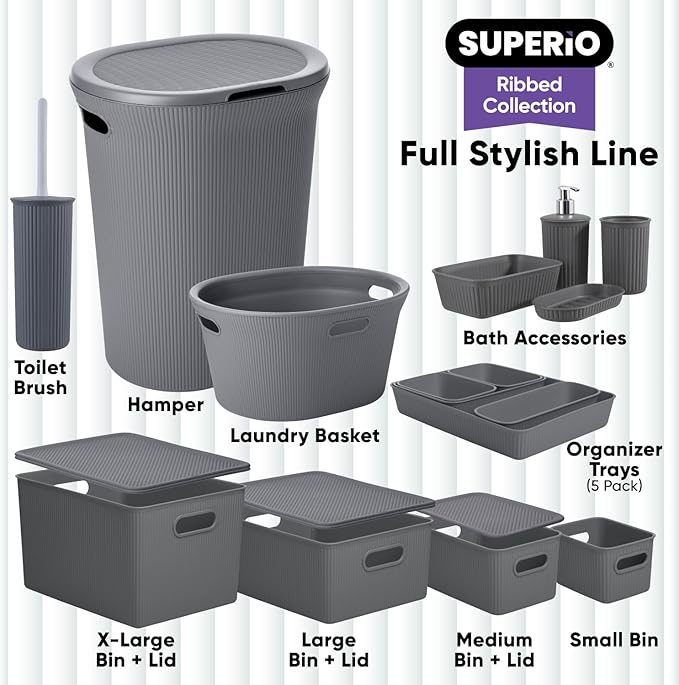 Superio Ribbed Collection - Decorative Plastic Basket Open Home Storage Bins Organizer, Small Grey (1 Pack) Container Boxes for Organizing Closet Storage Bins for Shelves Drawer Shelf 1.5 Liter