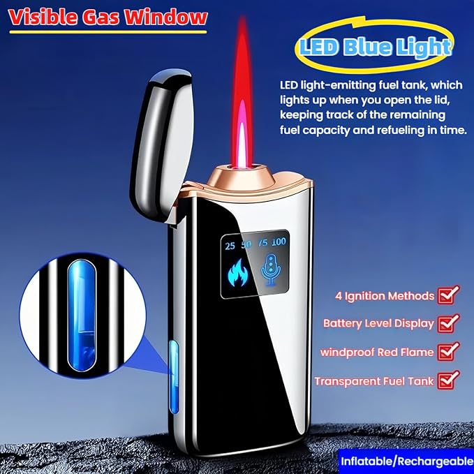 Smart Butane Lighter, Voice-Activated Sensor Torch Lighter with 4 Ignition Modes, Windproof Red Flame Refillable Lighters (Without Fuel) (Silver Sand)