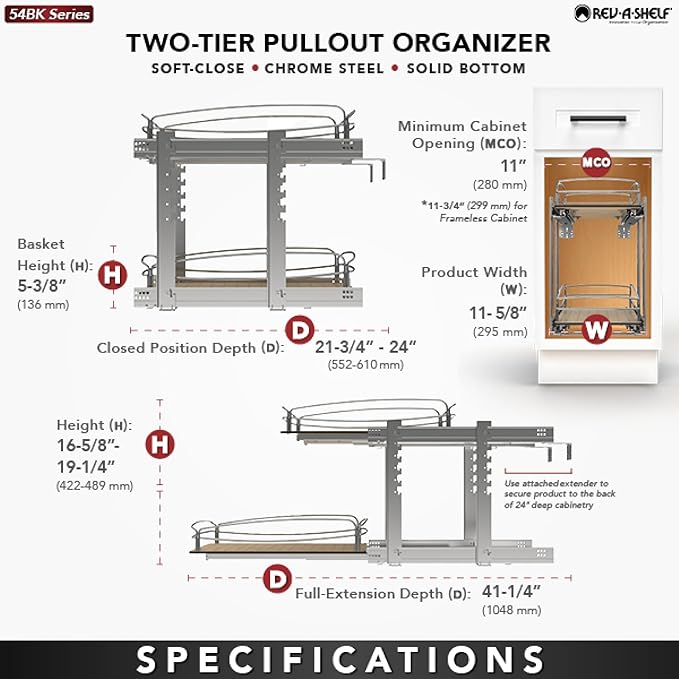 Rev-A-Shelf 2 Tier Pull Out Kitchen Cabinet Storage Organizer with Solid Bottom & Undermount Soft-Close Full Extension Slides, 54BK-12SC-2-1