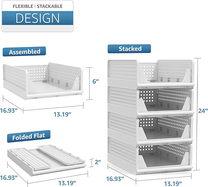 Sorbus 4 Pack Folding Closet Shelf Organizer for Clothes, Versatile Stackable Storage Baskets for Closet, Bathroom, Kitchen and Garage with Easy Access Open Front Design, Plastic Organizer Shelves