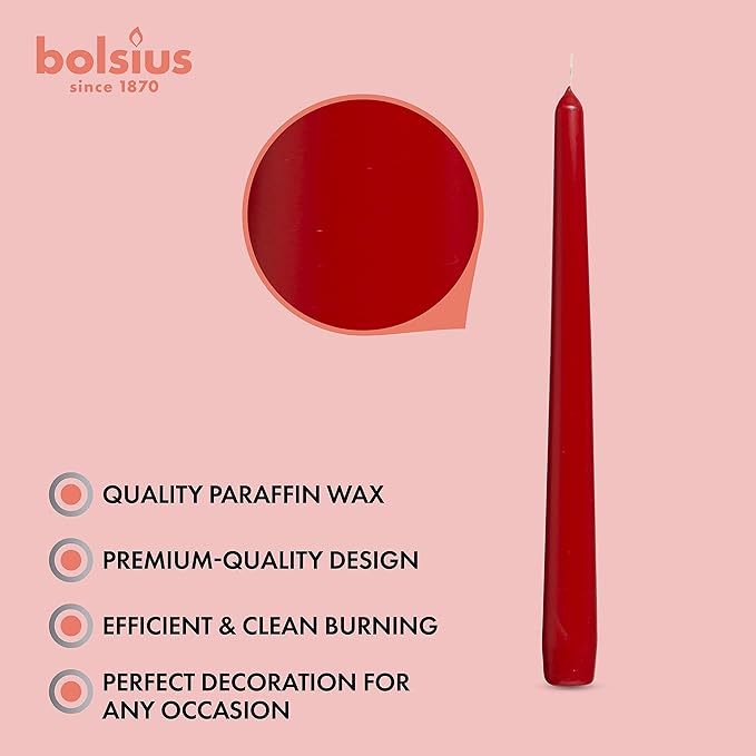 BOLSIUS 60 Count Unscented 10 Inch Red Household Taper Candles - 8 Hours Burn Time - Premium European Quality - Smokeless Dripless Taper Candlestick - Great for Special Occasion, Church, and Everyday