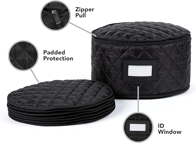Covermates Keepsakes Dish Storage Case – Padded China & Dinnerware Organizer, Quilted Polyester Protection, ID Window, Zipper Closure, Machine Washable, Black