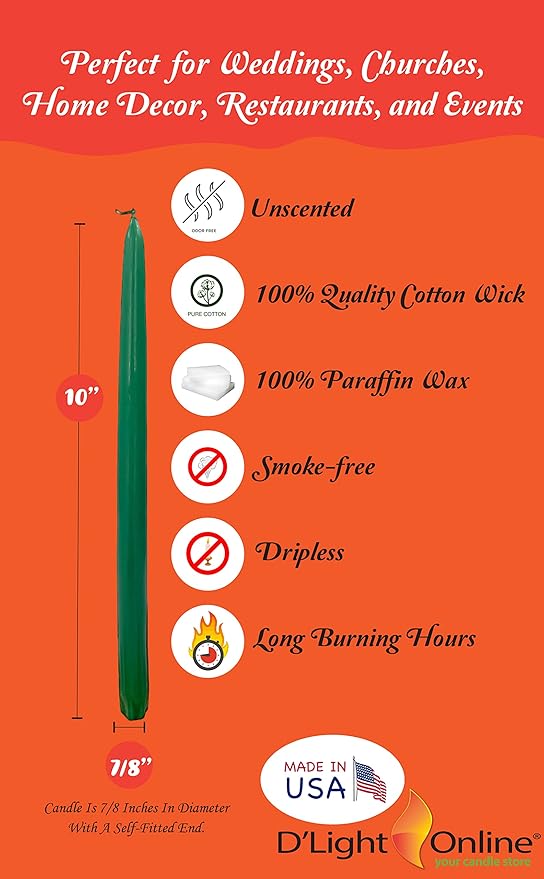 D'light Online Elegant 10" Unscented Holiday Green Taper Candles Premium Quality Candles Hand-Dipped, Dripless Tapered Candles and Smokeless - Set of 12 Individually Wrapped (10 Inch, Holiday Green)