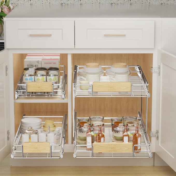 LOVMOR 2 Tier Pull Out Cabinet Organizer 22½" W x 21½" D, Slide Out Drawers with Wooden Handle, Sliding Shelves Organization and Storage for Kitchen, Pantry