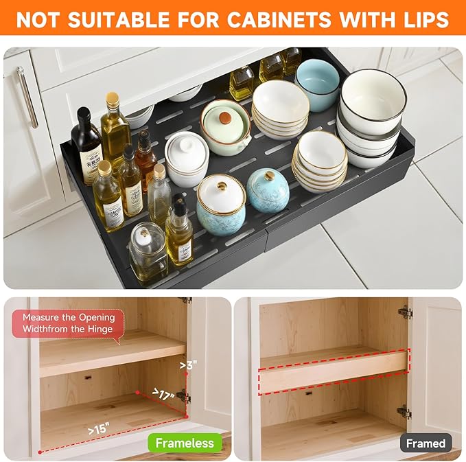 Pull out Cabinet Organizer,Adjustable Width (14"-19") and Depth (17"-24") Expandable,No Drill Slide out Drawers for Kitchen,Pantry,Adhesive Roll out Shelves,for Cabinets Without Lip