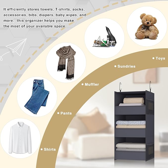 3-Shelf Hanging Closet Organizer and Storage, Foldable Hanging Closet Shelves Front Lip Design Washable Hanging Storage, Dark Gray
