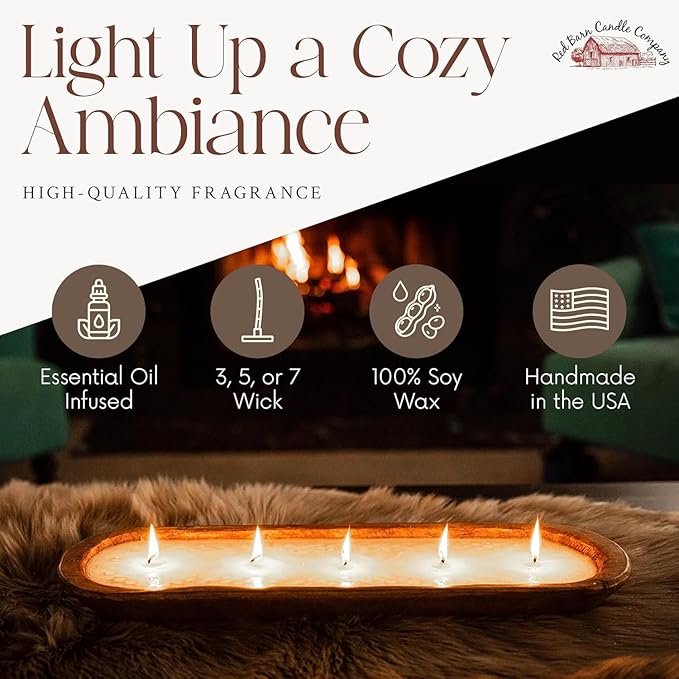 Red Barn Candle Company Wood Dough Bowl Candles | 100% Natural Soy Wax & Essential Oil Infused | Odor Eliminating + Pet Safe | Scented Candle Gifts for Men & Women (Spicy Cranberry, 7-Wick)