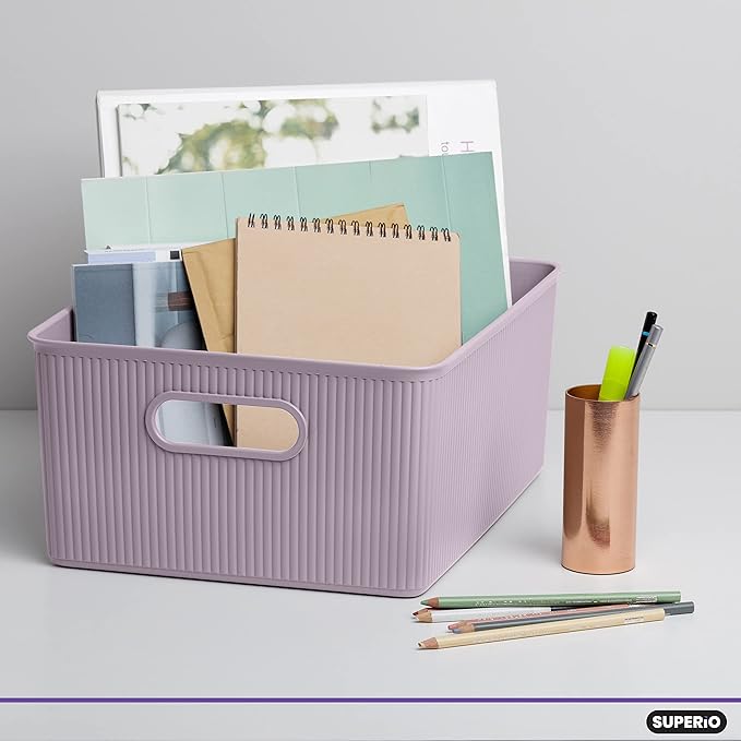 Superio Ribbed Collection - Decorative Plastic Basket Open Home Storage Bins Organizer, Large Lilac Purple (1 Pack) Container Boxes for Organizing Closet Storage Bins for Shelves 15 Liter/16 Quart