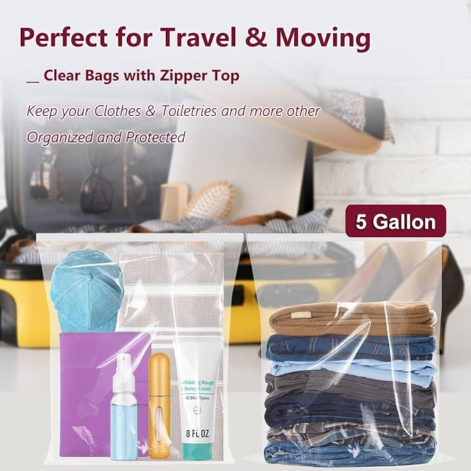 Large Plastic Bags With Zipper Top,5 Gallon,18" x 24",10 Pack,Extra Large Storage Packaging for Clothes,Travel, Moving, Large Reusable Bags,Heavy-Duty,BPA-Free, 2.36-mil Thick Clear