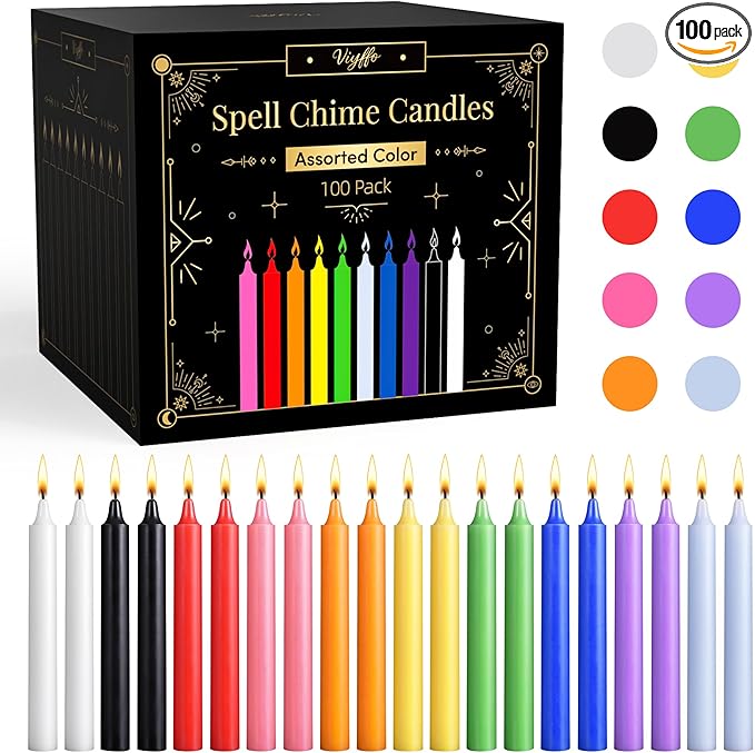 Viyffo 100 Pack Taper Chime Candles, 4 Inch Mini Unscented Dripless Candles, 1.5 Hour Burn Time, 10 Colors for Rituals, Meditation, Prayer, Wicca & Pagan Spells, Home Décor