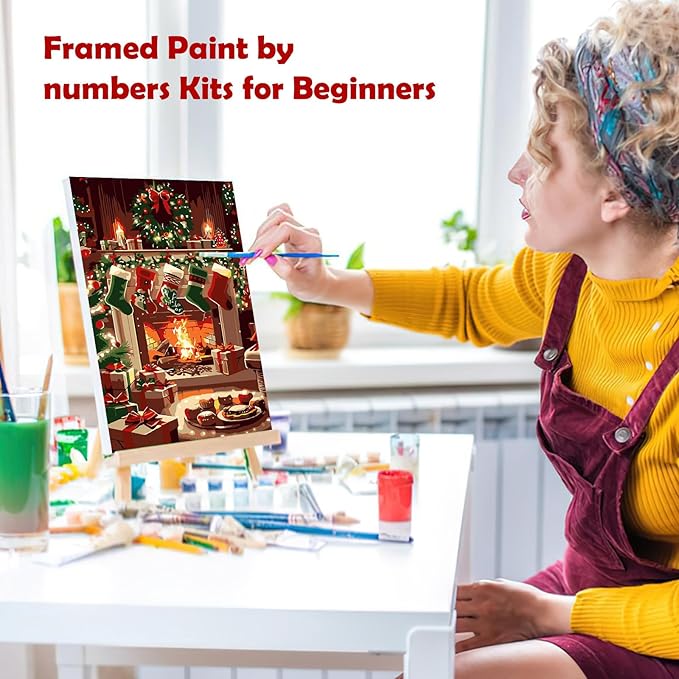 MOGTAA Christmas Paint by Numbers Kit for Adults Beginners with Frame, Christmas Socks Adult Paint by Number Kits on Canvas with Easel, Easy DIY Oil Painting Kits for Home Decor, 8x12in