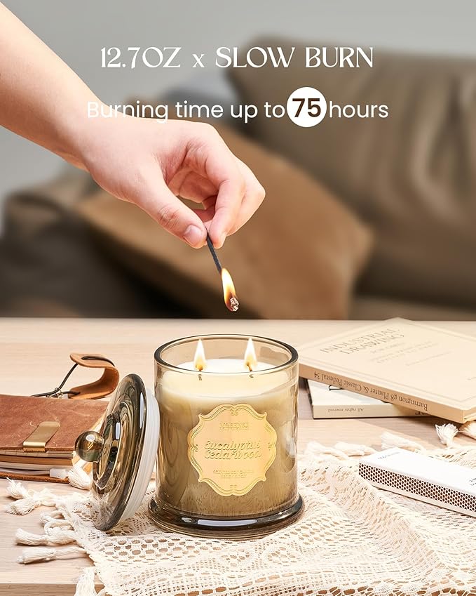M&SENSE Eucalyptus Cedarwood Soy Candles, 2 Wick 12.7oz Large Jar Candle 75H Long Lasting, Plant-Based Non Toxic Aromatherapy Candle for Stress Relief, Winter Housewarming New Year Gifts