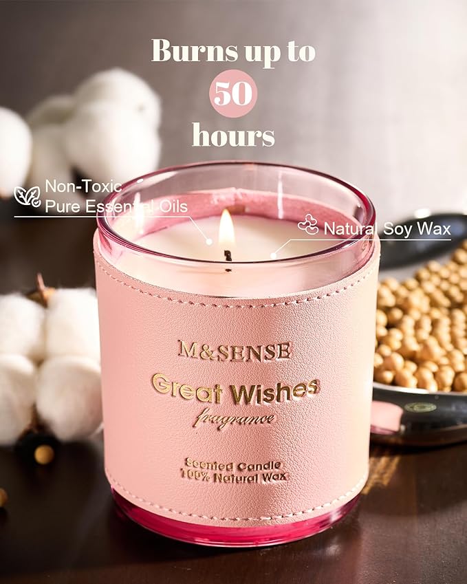 M&SENSE Spring Floral Scented Candles, Non Toxic Soy Wax 10oz 42-Hour Clean Burn, Pink Valentines Candle Gifts for Her, Relaxing Aromatherapy Candle for Stress Relief