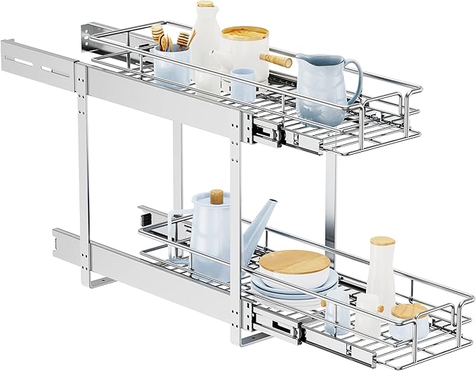 LOVMOR Individual Pull Out Cabinet Organizer, 2 Tier Slide Out Cabinet Drawers, Pots and Pans Organizer and Storage Pantry Shelf for Kitchen (5½" W x 21½" D)